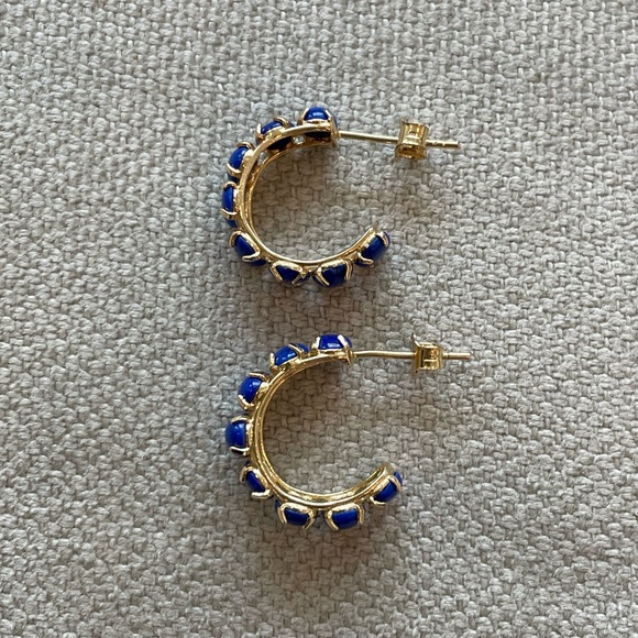 Estate💙14KT Gold💙Lapis Cabochon Half Huggie Hoop Earrings - Picture 3 of 7